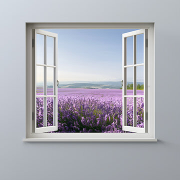 Decorative open window wall mural with a realistic lavender field view, bringing fresh countryside scenery into modern home interiors.
