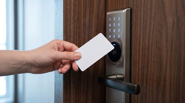 Hand opening hotel door with digital key card and electronic keypad