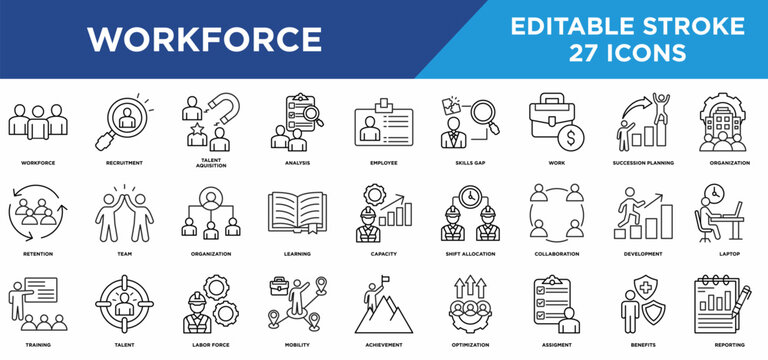 Workforce line icons set with  recruitment, talent, acquisition, analysis, employee, skills gap concepts. Editable stroke vector collection.
