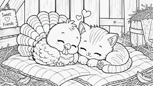 Cute kawaii bird and kitten sleeping side by side on a soft cushion under a sweet friends sign in a barn, a tender scene drawn as clean black and white line art.