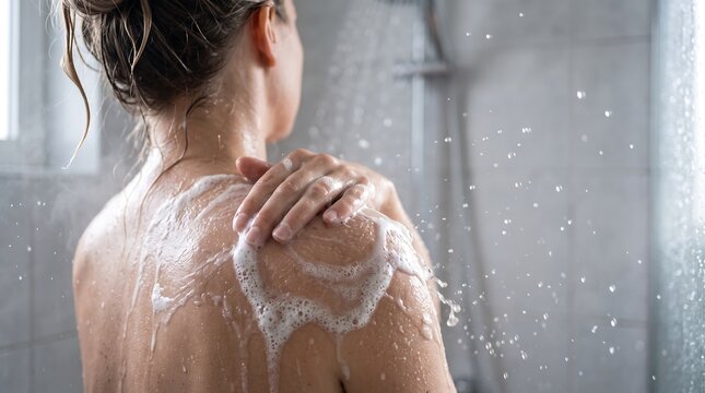 Woman Taking a Refreshing Shower With Soap Foam on Shoulders