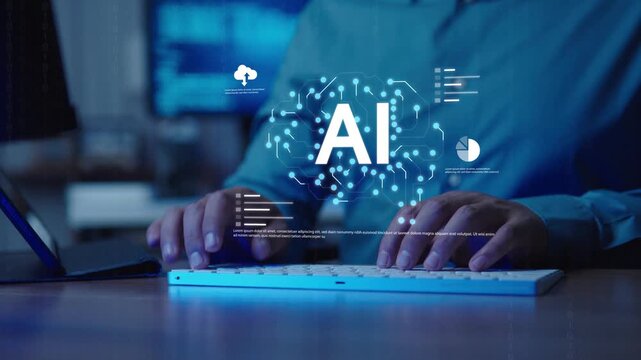 Artificial Intelligence technology concept  Close up hand typing on keyboard with digital AI brain interface.