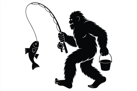 Bigfoot Silhouette Fishing with a Catch and a Bucket on White Background Keywords: bigfoot, silhouette, fishing, fish, rod, reel