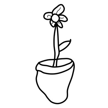 Funny cartoon line art of cute kids flower with big stem in a wobbly pot