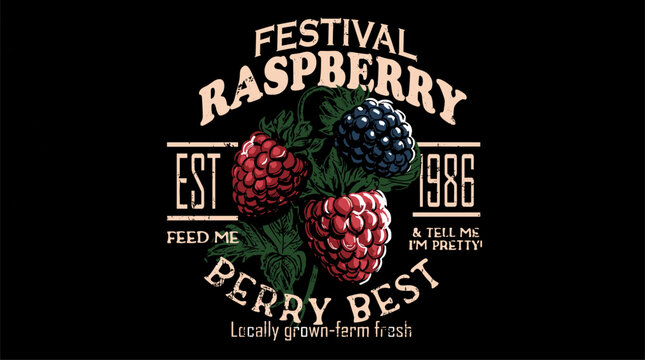 Festival raspberry vintage artwork. Berry best t shirt design. Locally grown farm fresh graphic.