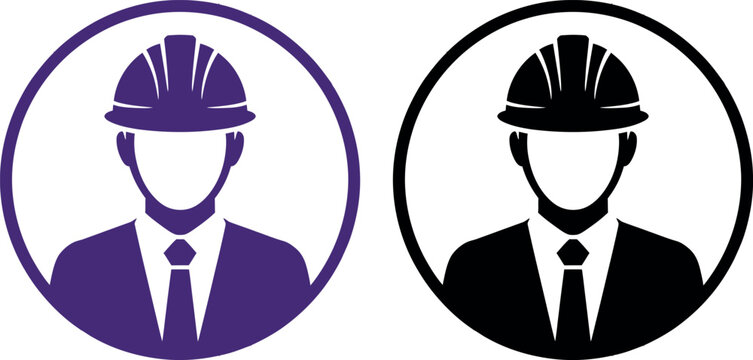 Two construction worker icons with hard hats and ties in circles