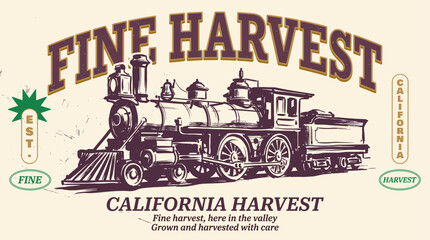 Vintage train illustration. Fine harvest California graphic. Retro locomotive engine.. California © panji
