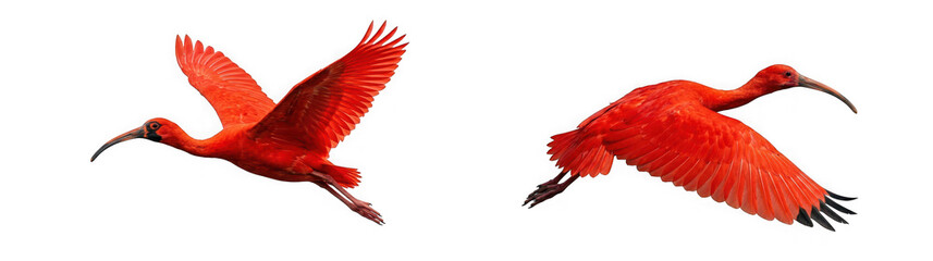 Obraz premium Two scarlet ibis birds in flight isolated on transparent background