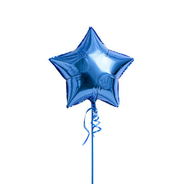 Shiny blue star shaped helium balloon on a stick on transparent background celebration party ribbon fivepointed