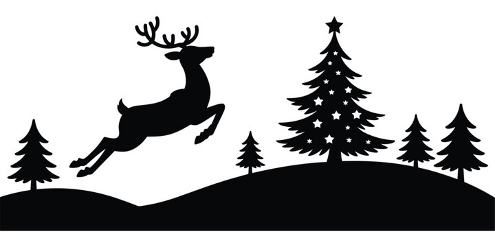 Black Silhouette of Reindeer Jumping Over Snowy Hills with Christmas Trees Keywords: Christmas, reindeer, silhouette, jumping