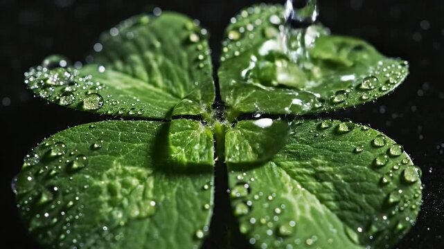 Four Leaf Clover with Water Droplets on Black Background - A macro shot of a vibrant green four-leaf clover with numerous water droplets glistening on its surface.