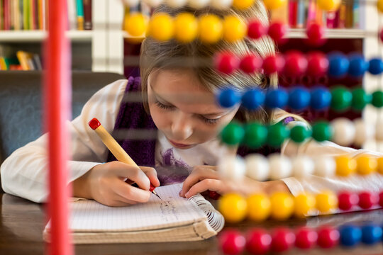 Girl sitting behind abacus doing homework