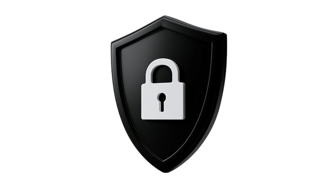 Black shield with a white padlock on transparent background security safety protection lock icon symbol isolated