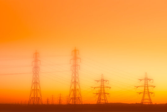 United Kingdom, Scotland, Alloa, Electricity Pylons, power lines, conceptual apocalyptic