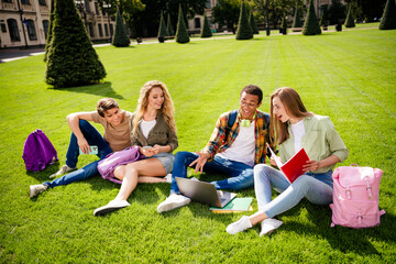 Four college friends studying and laughing on a university campus lawn with laptop and notebooks...