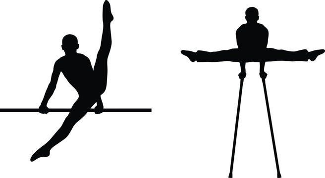 male gymnast silhouette performing routine on horizontal bar and parallel bars vector graphic element isolated on white background