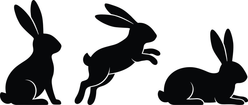 Rabbit poses silhouette set vector clipart isolated on white background jumping sitting bunny hare animal graphic element
