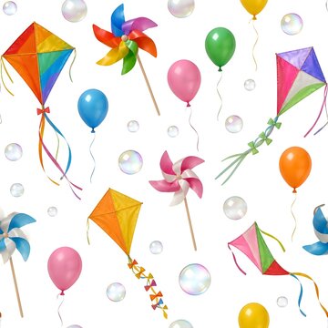Colorful kites and pinwheels floating with balloons and bubbles seamless pattern