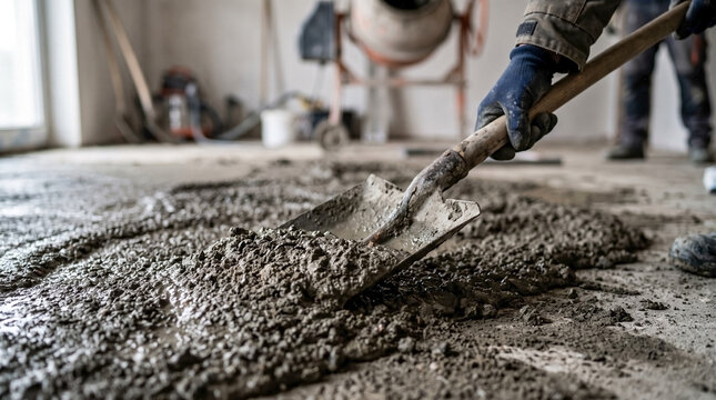 Worker performing concrete screed application with shovel, blue glove spreads wet mixture for concrete screed application, mixer nearby. Essential concrete screed application for construction