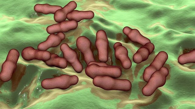 Clostridium bacteria, 3D animation showing rod-shaped obligate anaerobic bacilli with endospore formation in varying positions within the cell, demonstrating characteristic clostridial morphology.