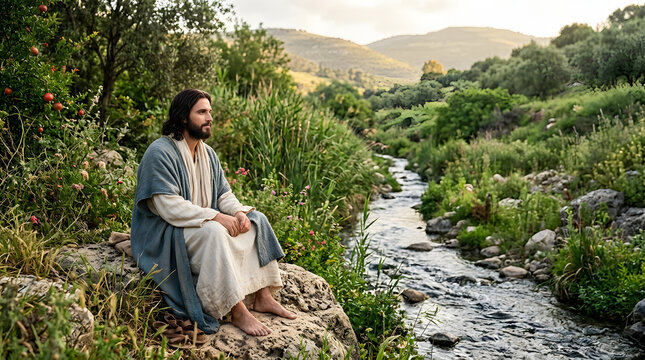 Jesus christ sitting barefoot by a flowing stream in a lush green natural landscape, contemplating