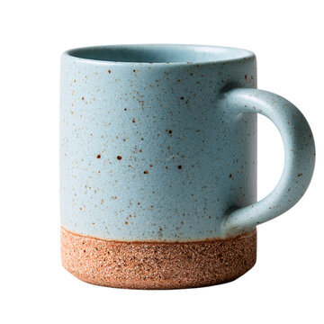 Ceramic coffee mug with light blue glaze and brown speckles on transparent background cup tea beverage