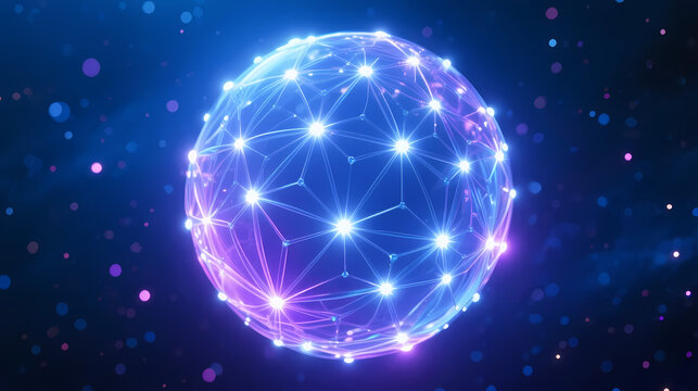 Glowing blue network sphere in deep space