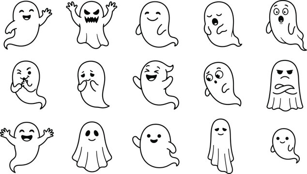 Happy Halloween ghost icons with different emotions Vector