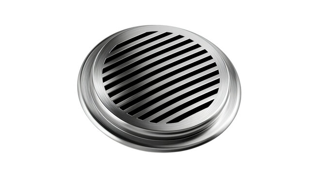 Stainless steel round floor drain cover with slotted grate on transparent background metal vent air ventilation