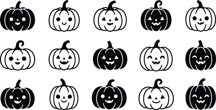 Happy Halloween Black and white halloween pumpkins with different faces Vector