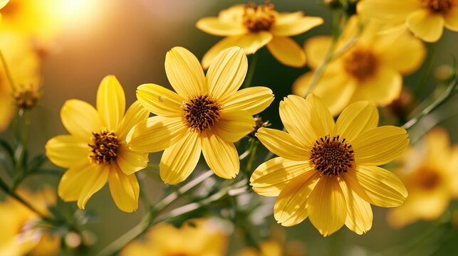 Beautiful background with golden august flowers during early morning, morning sunrise, abstract feel image, nature summertime, selective focus