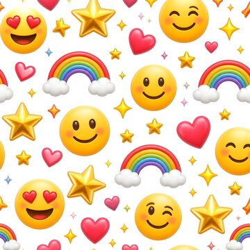 Happy smiley faces rainbow stars hearts seamless pattern