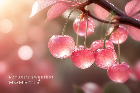 Ripe cherries hang from a branch against a soft, sunlit background of pink and red hues.