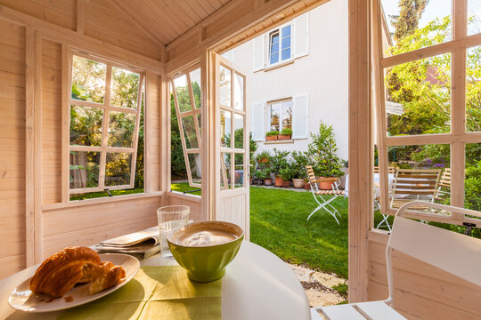 Breakfast table in a garden shed