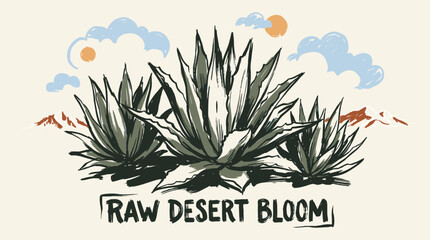 Raw desert bloom illustration. Agave plant vintage artwork. Desert adventure design. © rahel lila