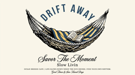 Drift away hammock illustration. Summer relaxation graphic. Vintage reading t shirt design. © rahel lila