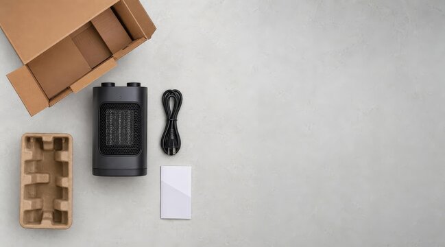 Portable heater unboxing flat lay