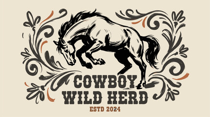 Obraz premium Retro style cowboy country. Western vintage artwork. T shirt horse design.. Cowboy wild herd print