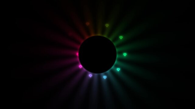 Colorful light rays shine from a central dark circle