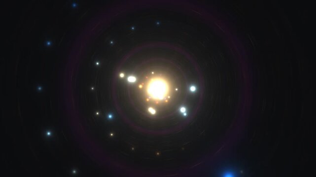Bright light shines in the center of a swirling galaxy background