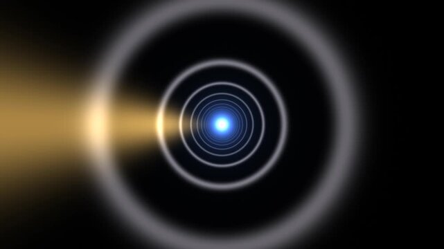 Light rays create circles with a central blue point in dark space