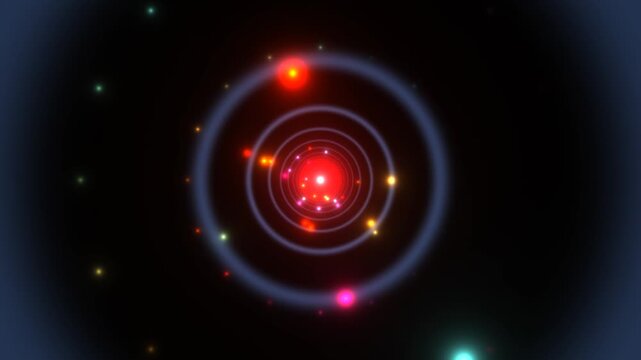Colorful circles in a dark space with glowing dots and bright lights