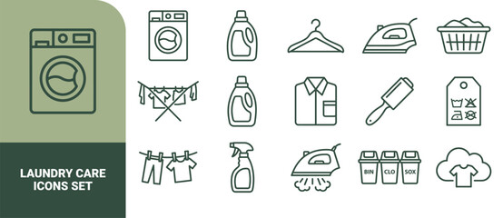 Fototapeta premium Set of 15 outline laundry care symbols featuring washing machine, detergent, clothes hanger, iron, basket, and garment care tags