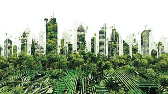 Futuristic cityscape blending seamlessly with lush greenery, showcasing sustainable urban development and a harmonious ecosystem