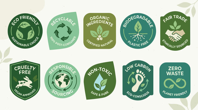 Eco Sustainability Badge Logo Set Vector Illustration with Minimalist Green Environmental Labels, Organic Certification Seals and Zero Waste Emblems