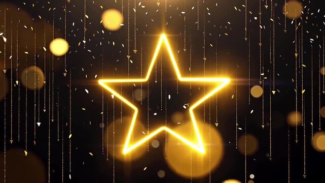 Realistic luxury golden neon star with raining glitter particles.