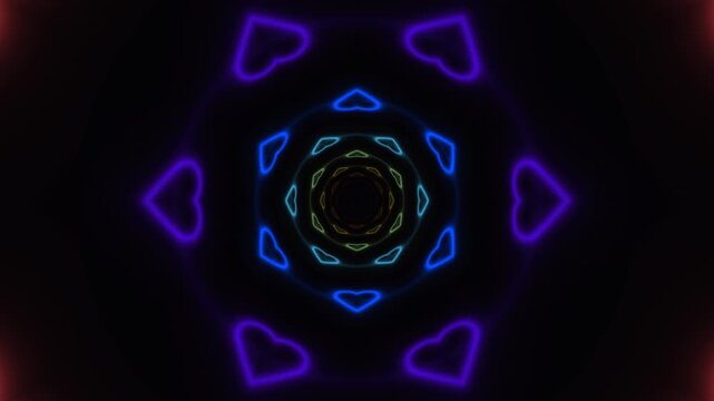 Colorful heart shapes forming a circular pattern in a dark space