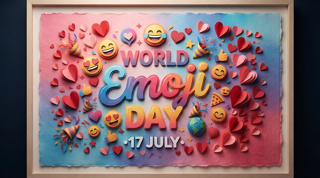 World emoji day poster concept with 3D paper cut icons celebration colorful