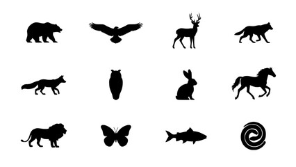 Obraz premium Animal Silhouettes Grid Illustration with Diverse Wildlife Icons, Including Bear, Bat, Deer, Dog, Rabbit, Fish, and Butterfly