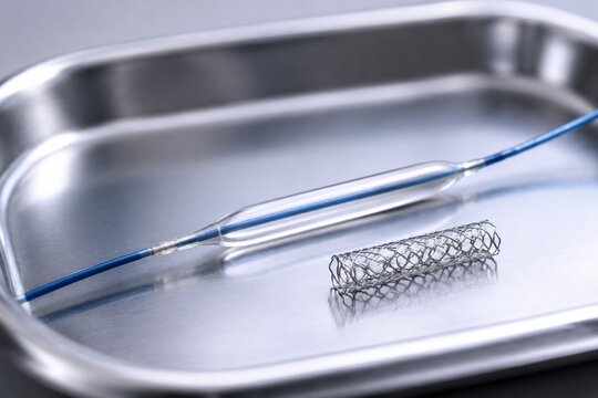 Slender balloon catheter and miniature stent on surgical tray, metallic shine.